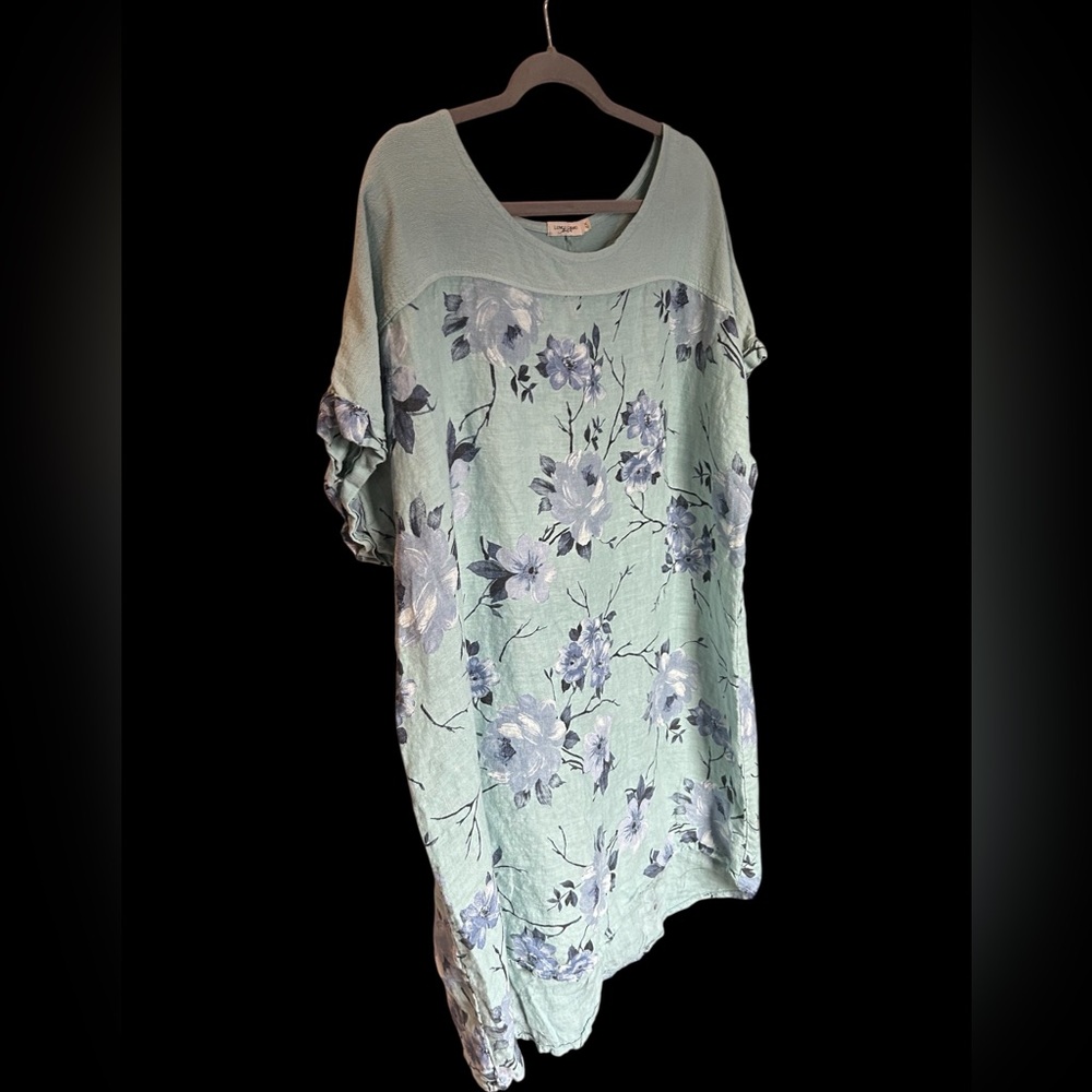 LUNGO L’ARNO Linen Floral Seafoam Green Shift Dress Tunic Made in Italy 2X‎ - Picture 2 of 12